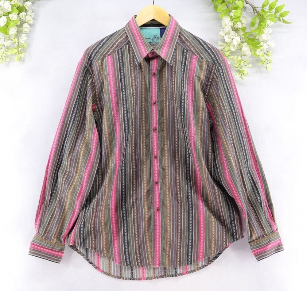 Robert Graham Shirt Men's L Brown Stripe Long Sleeve Button Contrast Cuff Casual